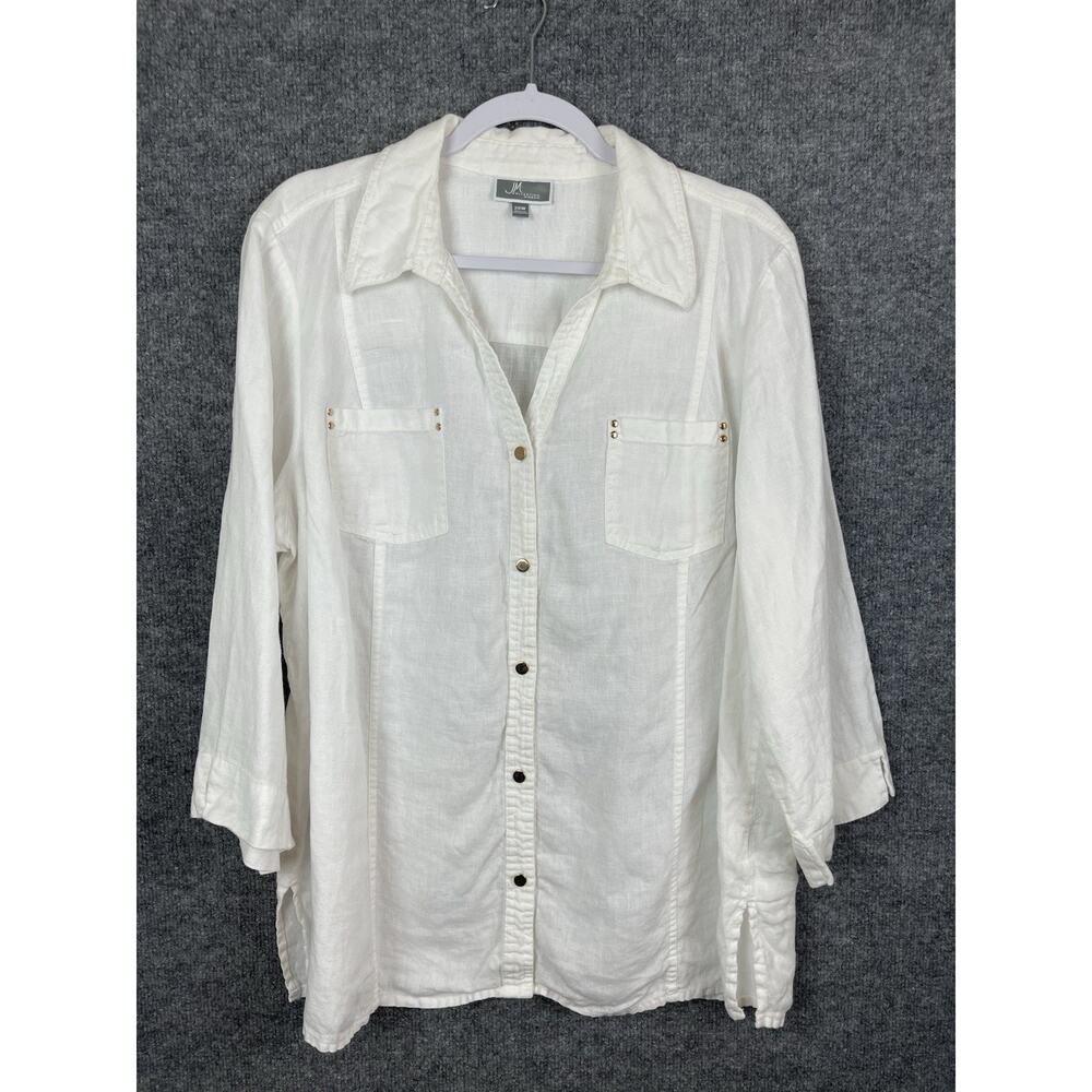 JM Collection Tunic Linen Gold Button Up Top Women Sz 20W White Long Sleeve‎